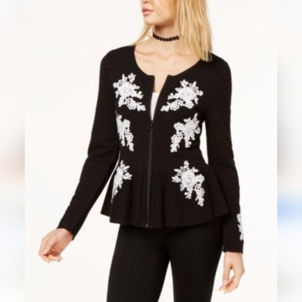 I.N.C. Embroidered Peplum Cardigan,Medium lace applique.